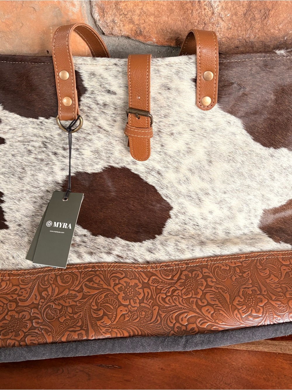 Myra Bag Brown & White Cowhide Tooled Leather Tote
